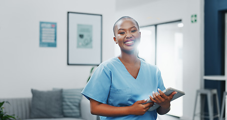 Image showing Happy woman or black doctor face in busy hospital with tablet for healthcare services, leadership and mindset. Portrait of medical professional or female nurse on telehealth app for clinic management