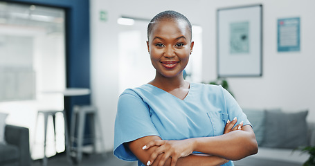 Image showing Nurse, face or arms crossed in busy hospital for about us, medical life insurance or wellness support. Smile, happy or healthcare black woman in portrait, confidence trust or help medicine internship