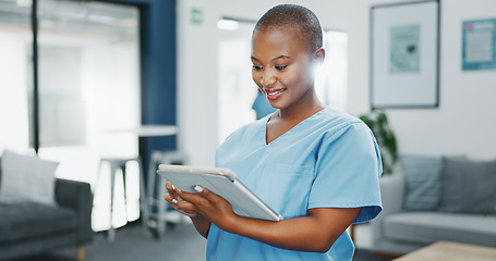 Image showing Happy woman or black doctor face in busy hospital with tablet for healthcare services, leadership and mindset. Portrait of medical professional or female nurse on telehealth app for clinic management