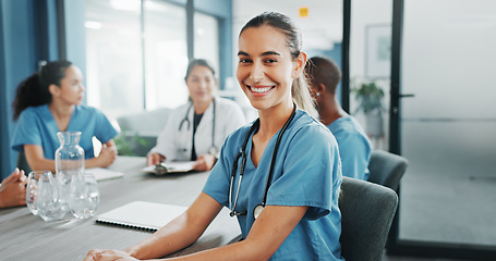 Image showing Woman, face or nurse in hospital meeting for medical planning, life insurance medicine or treatment training. Smile, happy or healthcare worker portrait in teamwork, collaboration or clinic diversity