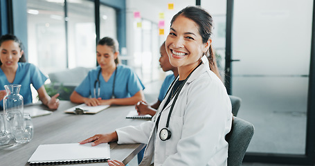 Image showing Doctor, face or woman in hospital meeting leadership, medical planning or life insurance workshop for treatment idea. Smile, happy or healthcare worker portrait in teamwork collaboration or diversity