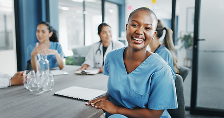 Image showing Black woman, face or nurse in hospital meeting for medical planning, life insurance medicine or treatment training. Smile, happy and healthcare worker portrait in teamwork, collaboration or diversity