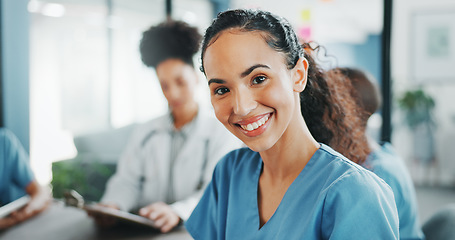 Image showing Worker, face or nurse in hospital meeting for medical student, life insurance medicine or treatment training. Smile, happy or healthcare woman in portrait, teamwork collaboration or clinic planning