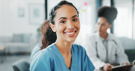 Image showing Worker, face or nurse in hospital meeting for medical student, life insurance medicine or treatment training. Smile, happy or healthcare woman in portrait, teamwork collaboration or clinic planning