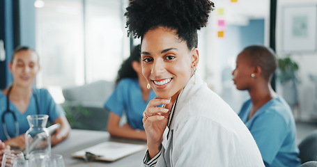 Image showing Woman, face or doctor in teamwork meeting, medical leadership or life insurance planning in hospital boardroom. Smile, worker or healthcare portrait in diversity, collaboration or clinic presentation