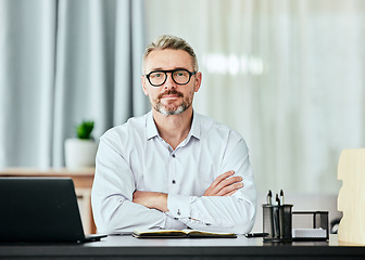 Image showing Lawyer, arms crossed and portrait of business man in office for professional, planning and legal consultant. Advocate, pride and manager with mature employee for attorney, confidence and director