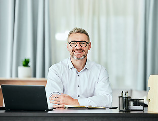 Image showing Lawyer, smile and portrait of business man in office for professional, planning and legal consultant. Advocate, pride and manager with face of mature employee for attorney, confidence and director