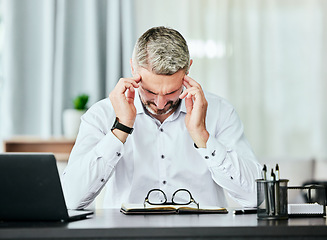 Image showing Stress, anxiety and headache with a business man in the office, working on a laptop for his report deadline. Burnout, mental health and tax manager overwhelmed by a bankruptcy or financial crisis