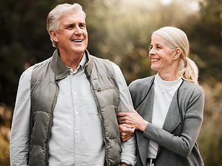 Image showing Relax, love and peace with old couple in nature for bonding, happy and support. Smile, happiness and retirement with senior man and woman walking in countryside park for vacation and commitment