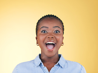 Image showing Surprise, wow or portrait of excited black woman on yellow background with smile for discount deal in studio. Happy, face or excited person shocked by sale offer, success or winning lottery jackpot