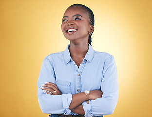 Image showing Thinking, idea and happy black woman confident arms crossed isolated in a studio yellow background. African, fashion and relax young person proud of style with a memory of joy, humor and fun