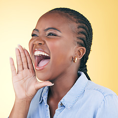 Image showing Shouting, announcement black woman in studio with motivation and voice from deal. Yellow background, female person and secret with big news and excited from advertising, marketing and promotion deal