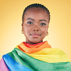 Image showing Black woman, portrait, pride flag and lgbtq with lesbian, freedom and support isolated on yellow studio background. Queer movement, community and rainbow, inclusion and transgender with advocate