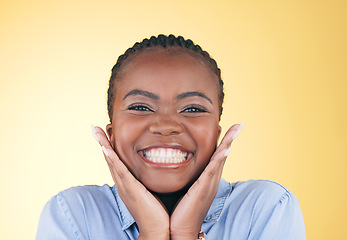 Image showing Face smile, hands of black woman and teeth in studio isolated on a yellow background. Happy, portrait and dental wellness of natural African model in cosmetic facial treatment, beauty and skincare