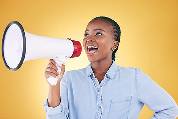Image showing African woman, megaphone and shout in studio with speech, ideas and thinking by yellow background. Girl, student and activist with loudspeaker for voice, sound and call for justice, protest or rally