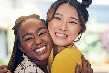 Image showing Face, smile and lesbian couple hug in home, bonding and having fun together. Portrait, gay and happy women embrace in love, care or respect, trust or support in commitment, loyalty and interracial