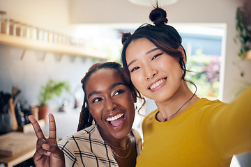 Image showing Peace sign, friends and selfie with woman in living room for social media, relax and diversity. Smile, happiness and profile picture with portrait of people at home for content creator and influencer