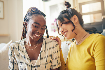 Image showing Happy, funny and friends gossip, speaking and bond with joke, humor and story in their home. Smile, laugh and women with diversity in a living room share drama, chat and silly, talk and enjoy weekend