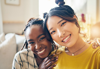 Image showing Happy, friends and selfie with women and hug on sofa for social media, relax and diversity. Smile, happiness and profile picture with portrait of people at home for content creator and influencer