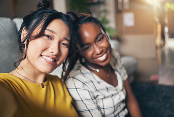 Image showing Relax, friends and selfie with women in living room for social media, happy and diversity. Smile, happiness and profile picture with portrait of people at home for content creator and influencer