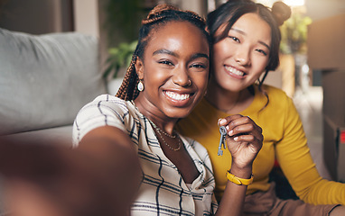 Image showing Keys, couple of friends and new home selfie for moving in together for real estate investment. Rent, mortgage and loan of women with smile for social media portrait at apartment or house with partner