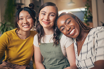 Image showing Smile, diversity and friends with portrait of women in living room for support, relax and happy. Social, care and happiness with group of people on sofa at home for hug, bonding and peace together