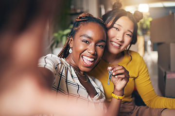 Image showing Selfie, couple of friends and keys to new home or moving in together for real estate investment. Rent, mortgage and loan of excited gay women with smile for social media portrait at apartment house