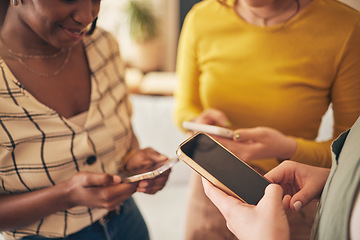 Image showing Hands, phone screen and women, typing in chat and friends relax at home, social media and communication. Technology, mobile app and online with internet search, people texting and email with network