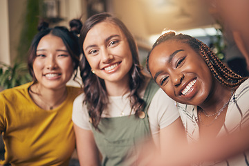 Image showing Diversity, friends and happy with women and selfie for social media, relax and post. Smile, happiness and profile picture with portrait of people at home for content creator and influencer together