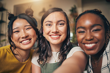 Image showing Happy, friends and relax with women and selfie for social media, post and diversity. Smile, happiness and profile picture with portrait of people at home for content creator and influencer together