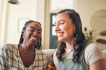 Image showing Happy, funny and friends with women on sofa for relax, bonding and conversation. Smile, support and happiness with people laughing in living room at home for gossip, chat and discussion together