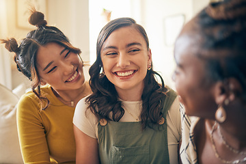 Image showing Girl friends, happy conversation and home with care, bonding or connection in living room on holiday. Gen z women, students and relax together in lounge, apartment and chat with smile, talk or memory