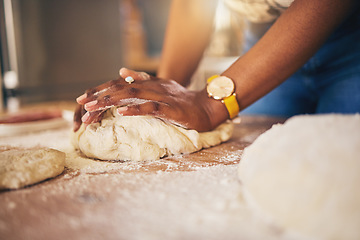 Image showing Baking, hands and woman in a kitchen for bread, pizza or handmade food at home. Wheat, mix and female chef with messy fingers from cooking, fun and preparing diy, pasta or cake recipe in her house