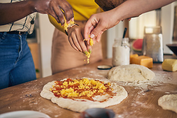 Image showing Hands, cheese and pizza for cooking, together and ready for fast food, restaurant or helping with skill in Naples. Chef woman, dough and tomato sauce for cuisine, culture and preparation with process