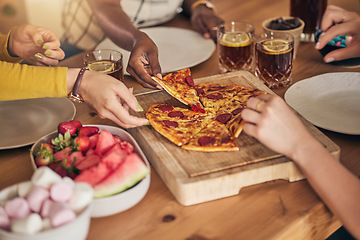 Image showing Food, drinks and pizza, hands with people, dinner on wooden table with snacks for eating and nutrition. Italian cuisine, fruit and sweets with social gathering, meal together and hungry with party