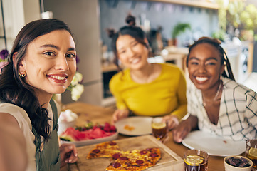 Image showing Friends, selfie and pizza with women in kitchen for happy, social media and fast food. Smile, profile picture and post with portrait of people at home for party, celebration and photography together