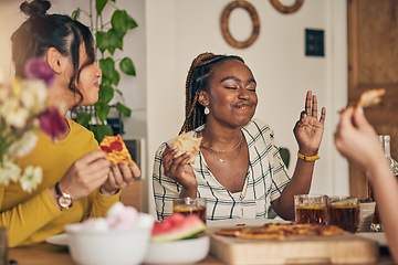 Image showing Food, drinks and pizza party, women and dinner, friends and fun with eating and nutrition at home. Italian cuisine, fruit and sweets with social gathering, happy and young people have meal together