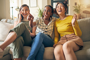 Image showing Happy, friends and women watching tv on a sofa laughing, bond and relax in their home on the weekend. Television, movie and people with diversity in living room for streaming, film or comedy in house