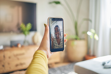 Image showing Phone, wave and black woman on video call in portrait, communication and conversation. Smartphone hand, hello and happy person in webinar, virtual and online meeting, face and pov discussion in house