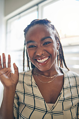 Image showing Portrait, wave and black woman on video call, communication and conversation at home. Face, hello and happy person in webinar, virtual chat and online meeting, pov greeting and welcome in remote work