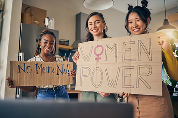 Image showing Women, poster and preparation in home for protest, portrait or support for diversity, empowerment or goals. Girl friends, cardboard sign or ready with billboard for justice, human rights or equality