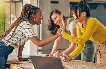 Image showing Women group, writing and sign for protest, high five or support for diversity, power or goals in home. Girl friends, cardboard poster and design for billboard for justice, human rights or celebration