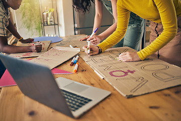 Image showing Girl group, poster and prepare for protest, hands and support for diversity, power and goals in home. Women friends, cardboard sign and design with billboard for justice, human rights and equality