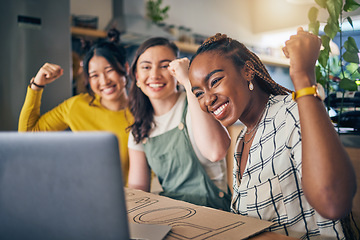 Image showing Women group, celebration and laptop for protest, poster or fist in air for power, goals and home together. Girl friends, cardboard sign and yes with billboard for justice, human rights or achievement