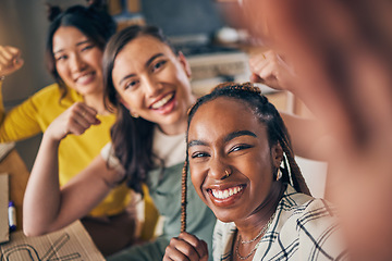 Image showing Women, friends and selfie with strong arm flex at home bond, fun and relax at home. Portrait, happy and feminist influencer people with diversity smile for social media, blog or vlog profile picture