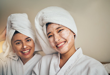 Image showing Spa, portrait and women friends with skincare smile for wellness, relax and self care sleepover. Happy, face and people with facial, cream or mask, cosmetics and relax with haircare, beauty or bond