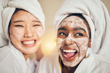 Image showing Skincare, face and women friends in a bedroom with mask, application and spa day bonding in their home. Beauty, cream and people with self care sleepover, facial or cosmetic wellness on the weekend