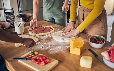 Image showing Pizza, dough and hands on wooden table, people cooking with flour and cheese, fruit and food while at home. Nutrition, Italian meal and strawberry in kitchen, baking process with ingredients and chef