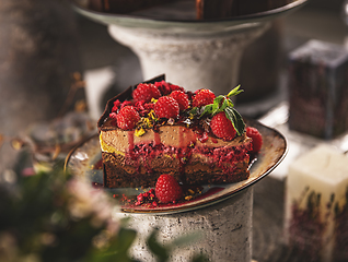 Image showing Slice of layered mousse chocolate cake