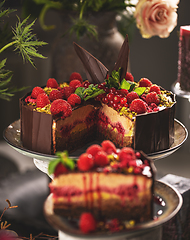 Image showing Still life of layered mousse chocolate cake